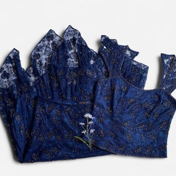 Deadstock midnight blue beaded top & skirt set by Camille La Vie - Picture 1 of 8